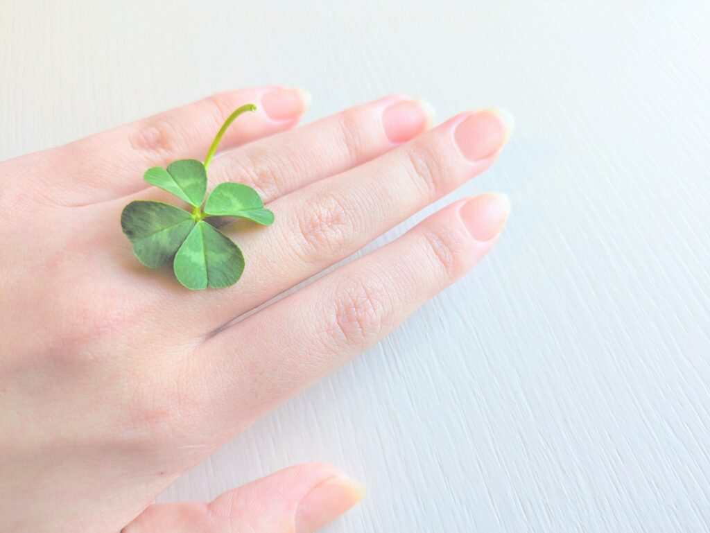 女性の左手と薬指に乗せた四葉のクローバー