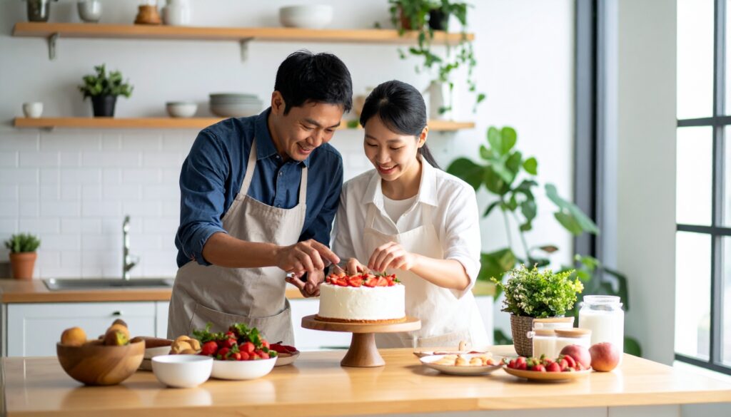 ケーキ作りをする夫婦